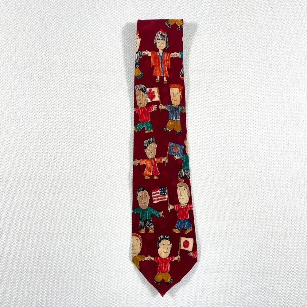 Renaissance‎ Handmade Silk Tie Burgundy Red Children Around the World Novelty